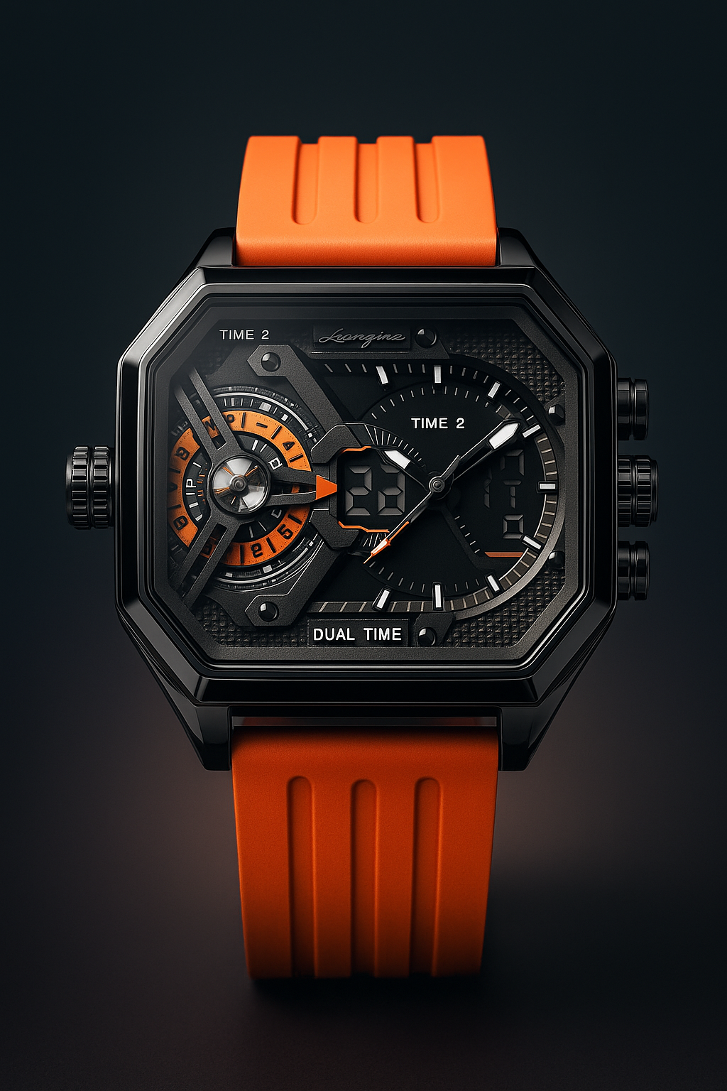 POEDAGAR Luxury Men's Dual-Time Sports Watch – Rectangle Stainless Steel Case, LED Calendar, Analog-Digital, 3ATM Waterproof, Silicone Strap
