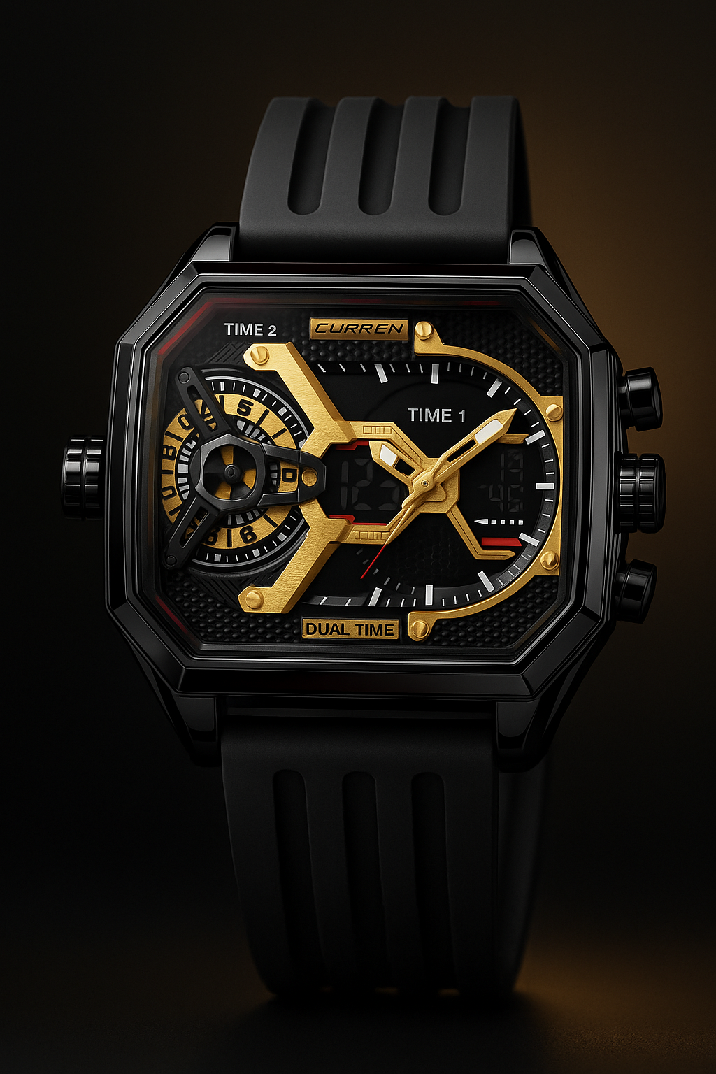 POEDAGAR Luxury Men's Dual-Time Sports Watch – Rectangle Stainless Steel Case, LED Calendar, Analog-Digital, 3ATM Waterproof, Silicone Strap