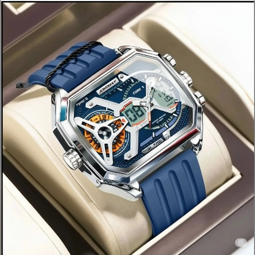 POEDAGAR Luxury Men's Dual-Time Sports Watch – Rectangle Stainless Steel Case, LED Calendar, Analog-Digital, 3ATM Waterproof, Silicone Strap