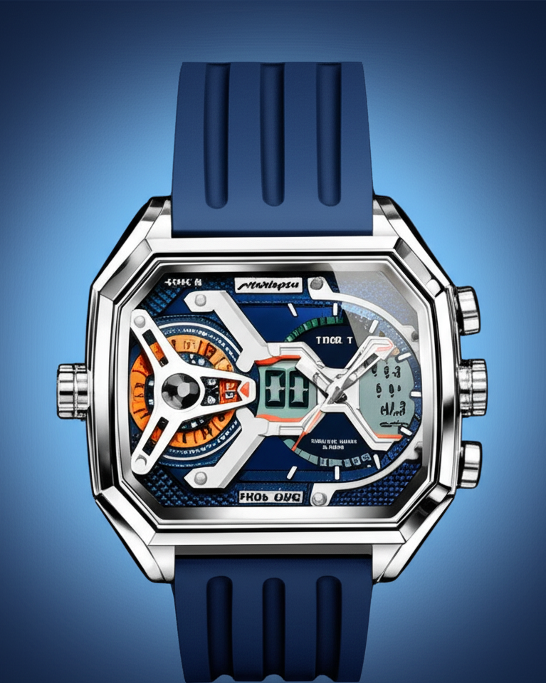 POEDAGAR Luxury Men's Dual-Time Sports Watch – Rectangle Stainless Steel Case, LED Calendar, Analog-Digital, 3ATM Waterproof, Silicone Strap