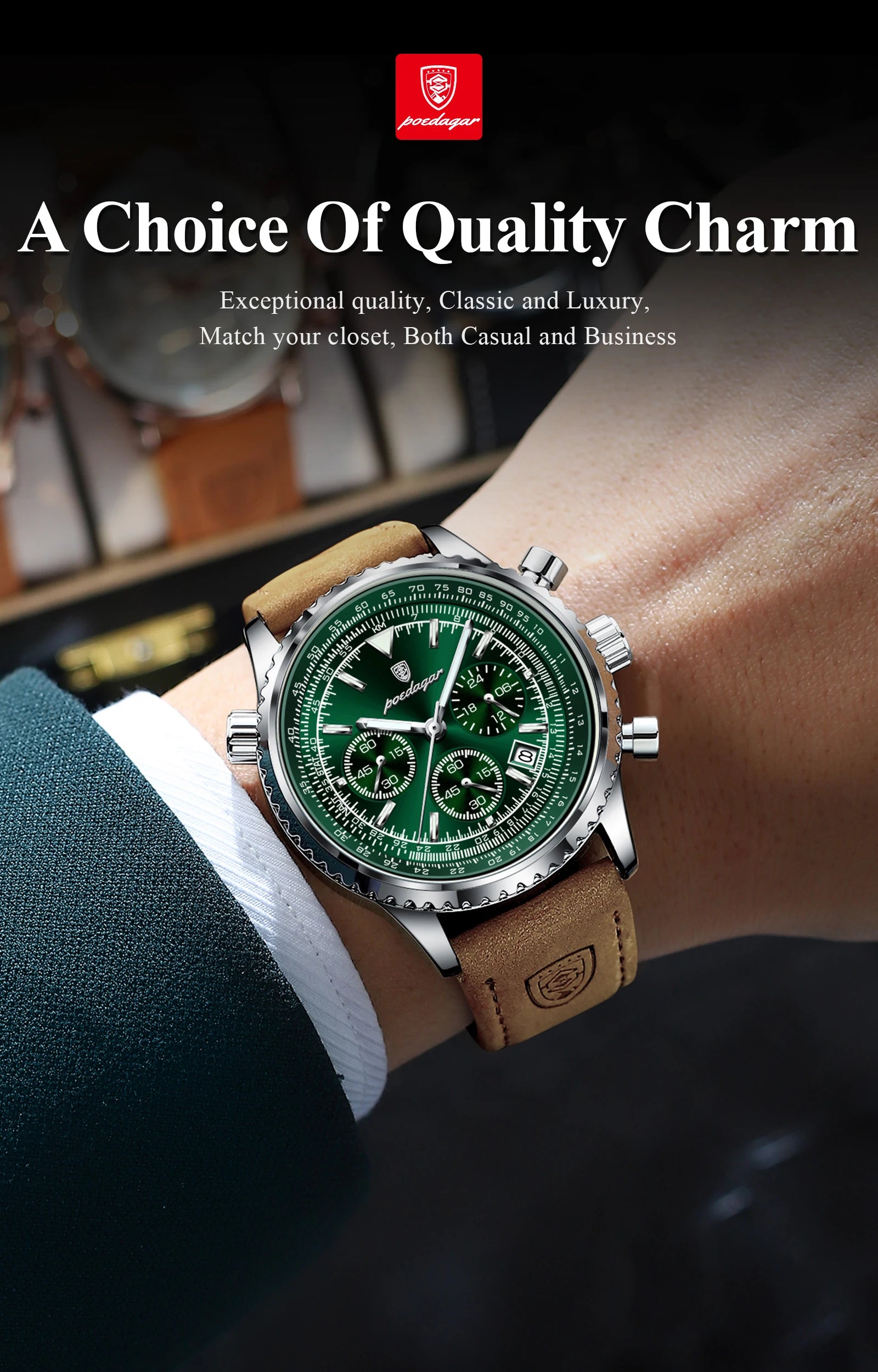 Green watch with brown leather strap worn on a wrist, brand logo visible