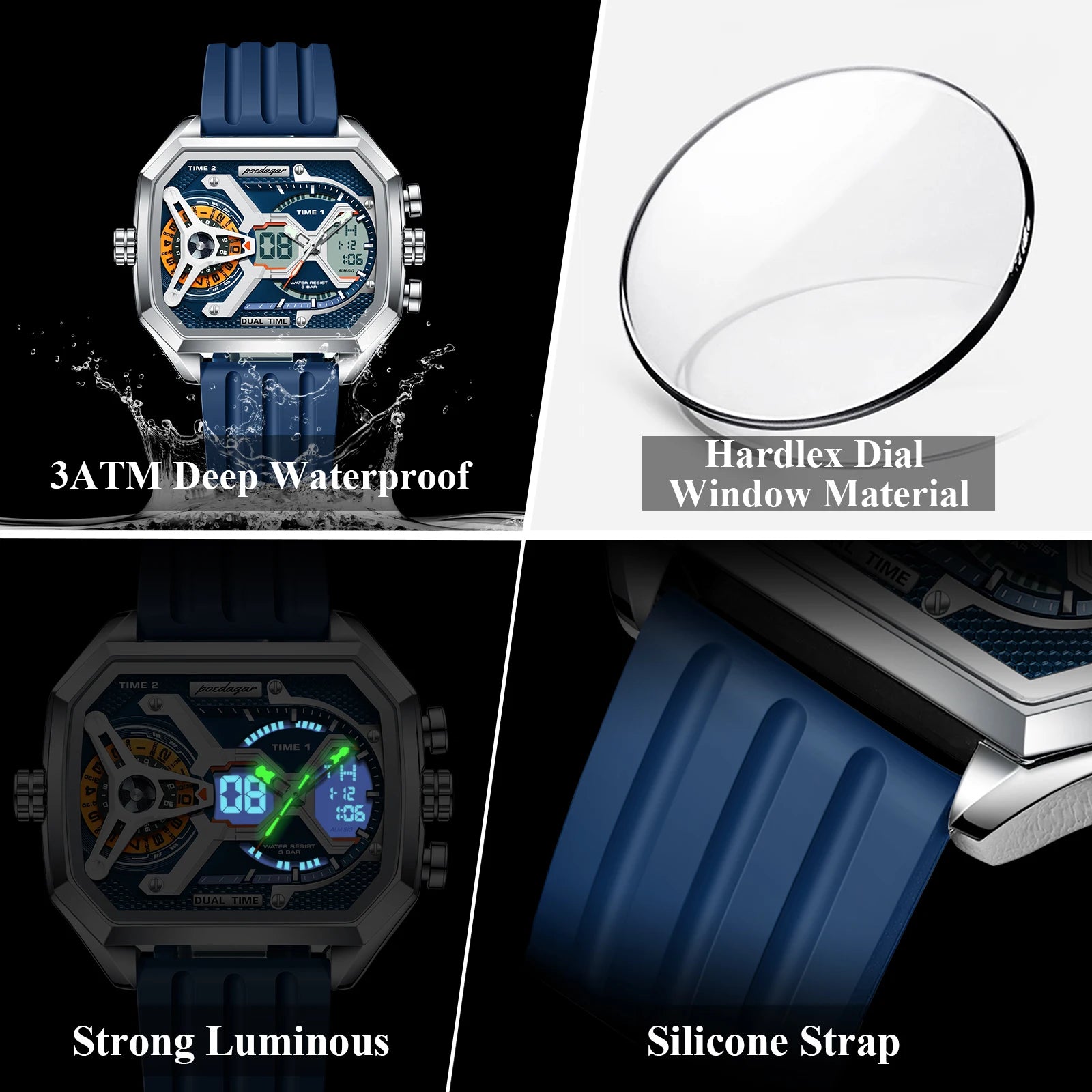 POEDAGAR Luxury Men's Dual-Time Sports Watch – Rectangle Stainless Steel Case, LED Calendar, Analog-Digital, 3ATM Waterproof, Silicone Strap