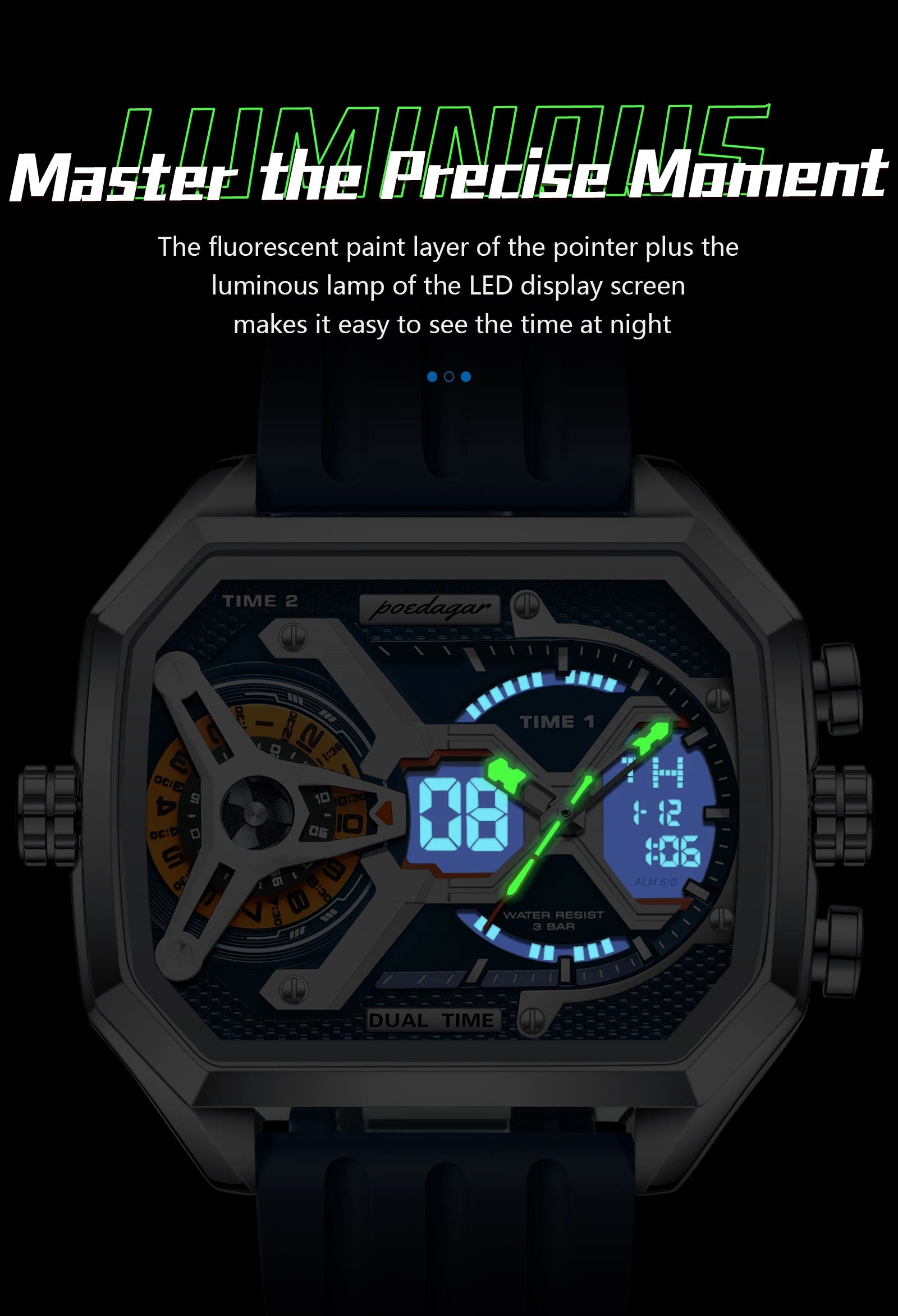 POEDAGAR Luxury Men's Dual-Time Sports Watch – Rectangle Stainless Steel Case, LED Calendar, Analog-Digital, 3ATM Waterproof, Silicone Strap
