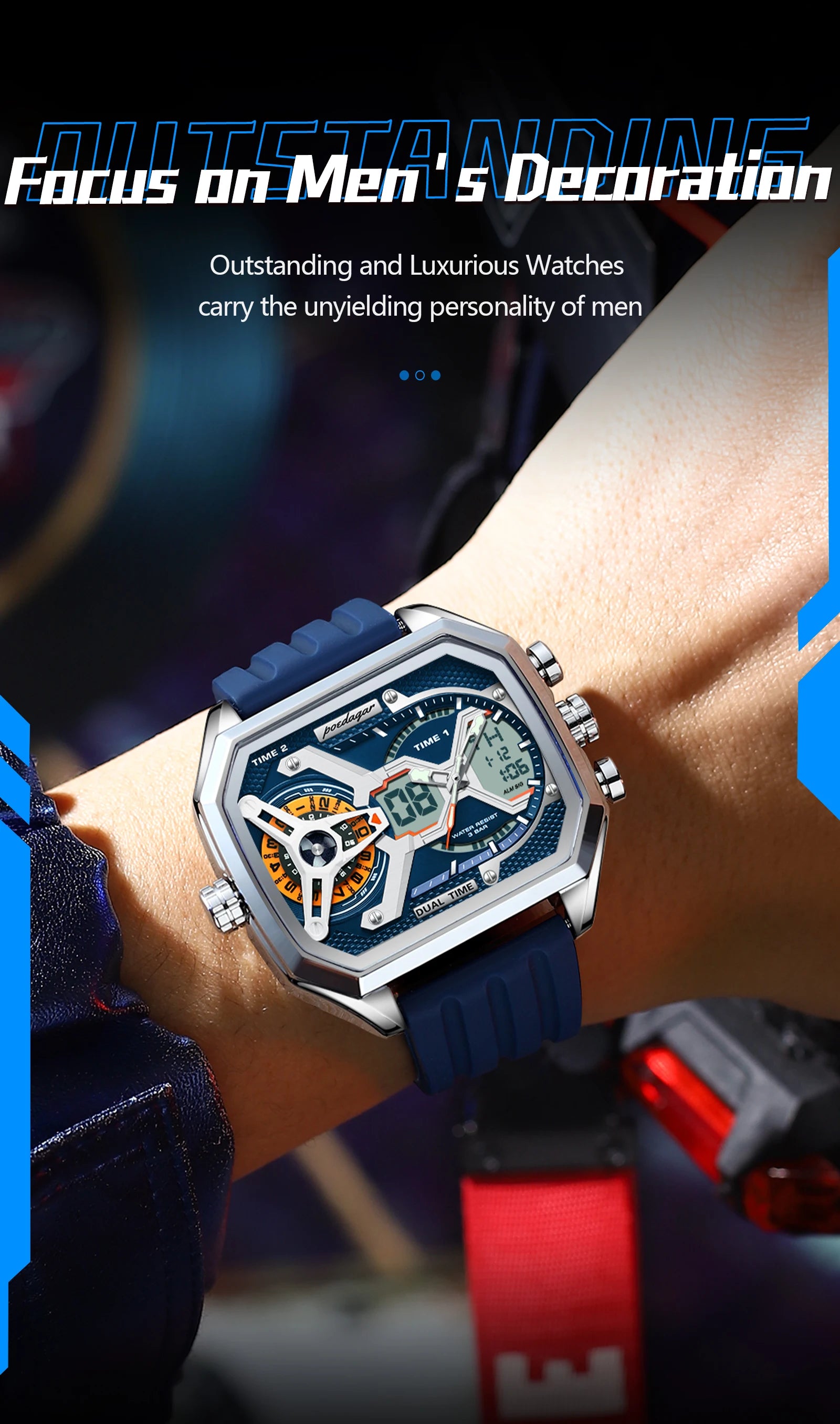 POEDAGAR Luxury Men's Dual-Time Sports Watch – Rectangle Stainless Steel Case, LED Calendar, Analog-Digital, 3ATM Waterproof, Silicone Strap