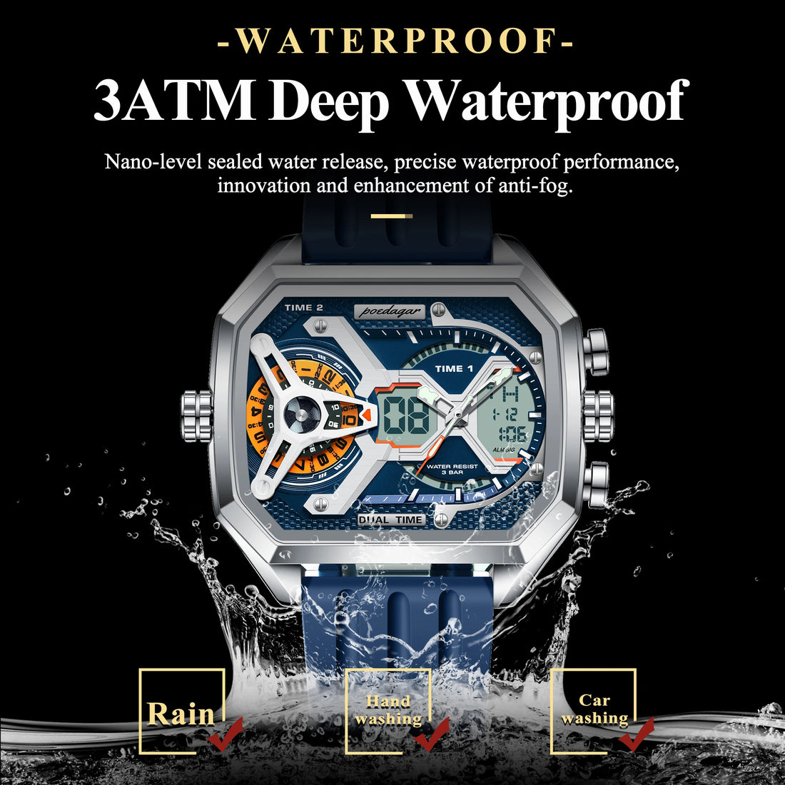 Wristwatch with waterproof feature on a black background
