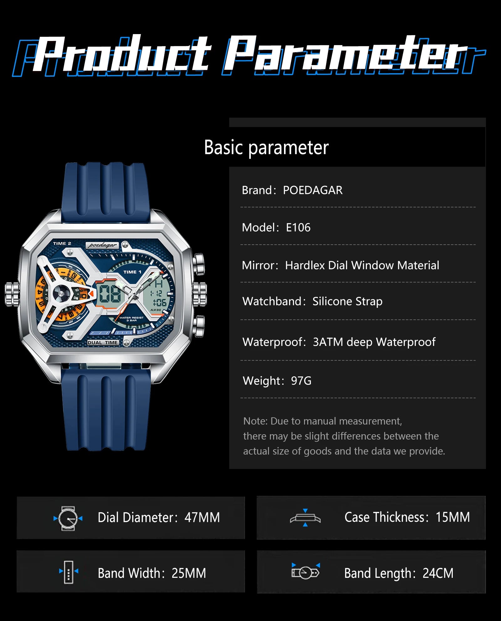 POEDAGAR Luxury Men's Dual-Time Sports Watch – Rectangle Stainless Steel Case, LED Calendar, Analog-Digital, 3ATM Waterproof, Silicone Strap