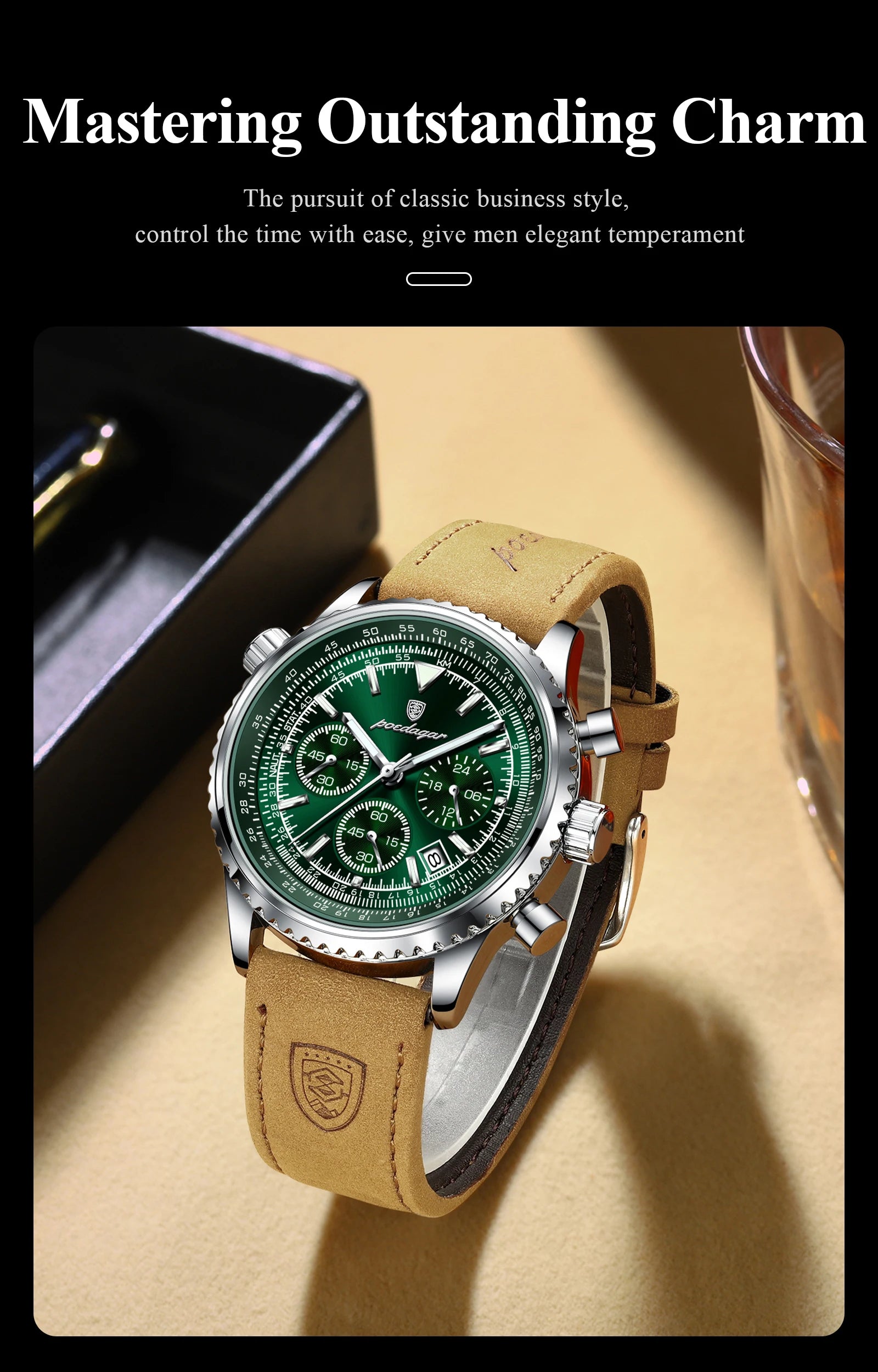 Green wristwatch with brown leather strap on a beige surface, text about classic business style.
