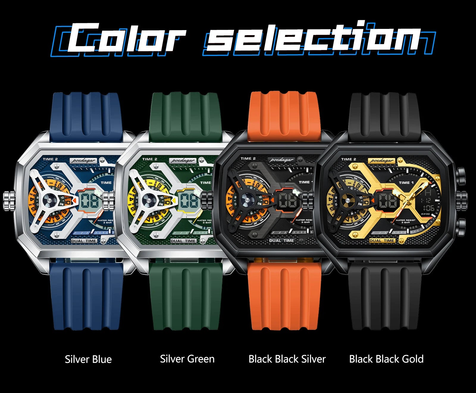 POEDAGAR Luxury Men's Dual-Time Sports Watch – Rectangle Stainless Steel Case, LED Calendar, Analog-Digital, 3ATM Waterproof, Silicone Strap