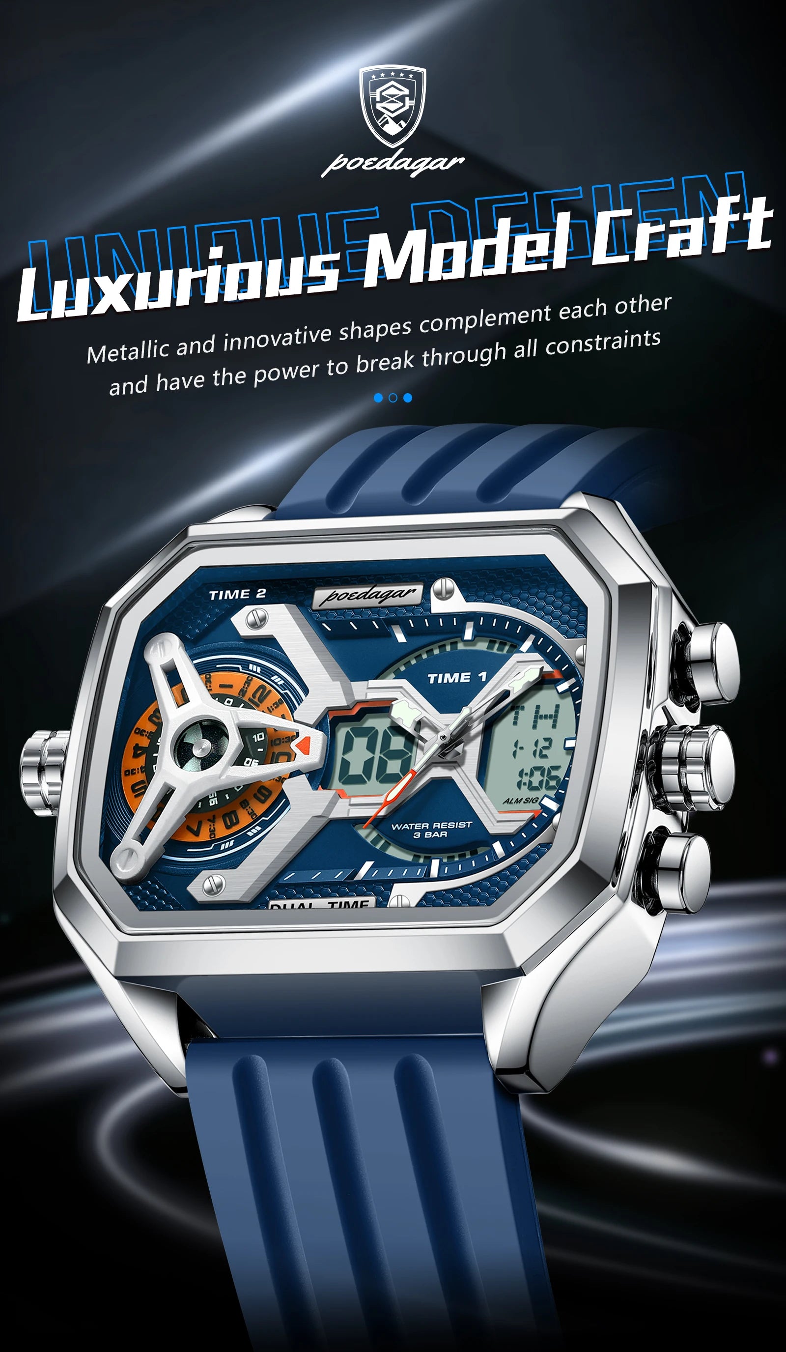 POEDAGAR Luxury Men's Dual-Time Sports Watch – Rectangle Stainless Steel Case, LED Calendar, Analog-Digital, 3ATM Waterproof, Silicone Strap